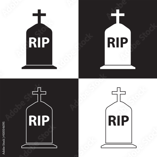 Gravestone, grave icon set. Tombstone symbol collection.  Vector illustration isolated on white and black  background. EPS 10