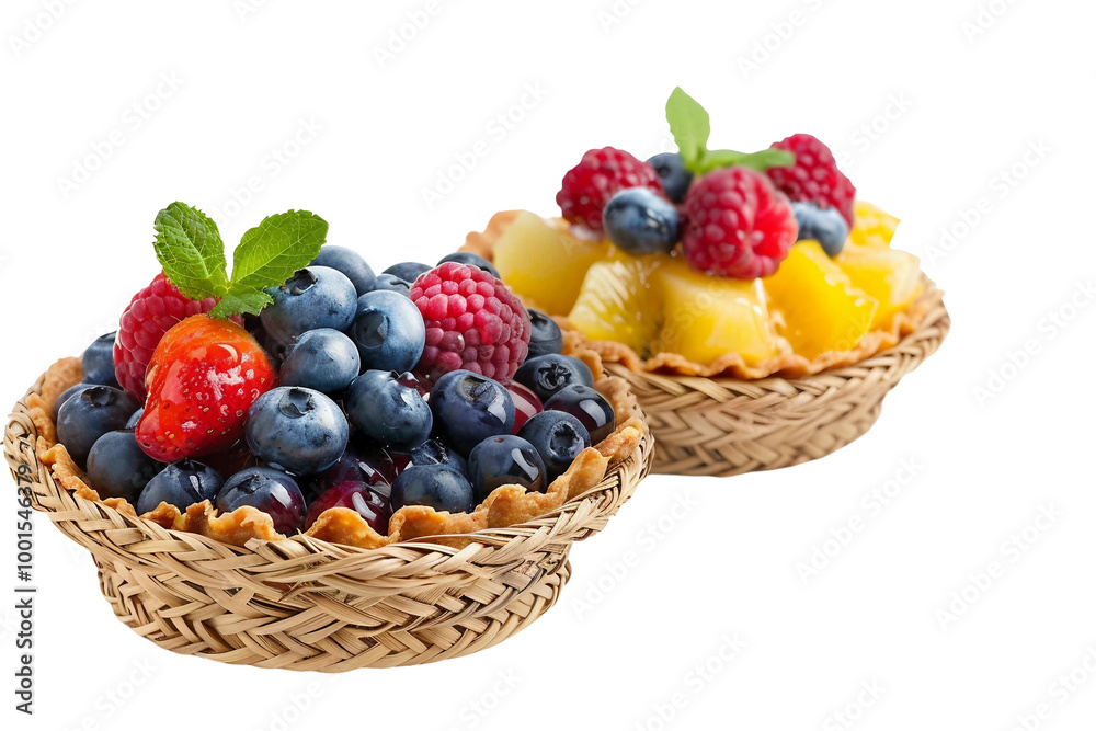 Assorted fruit tarts in a rustic woven vase basket isolated on transparent background Assorted fruit tarts in a rustic woven vase basket isolated on transparent background