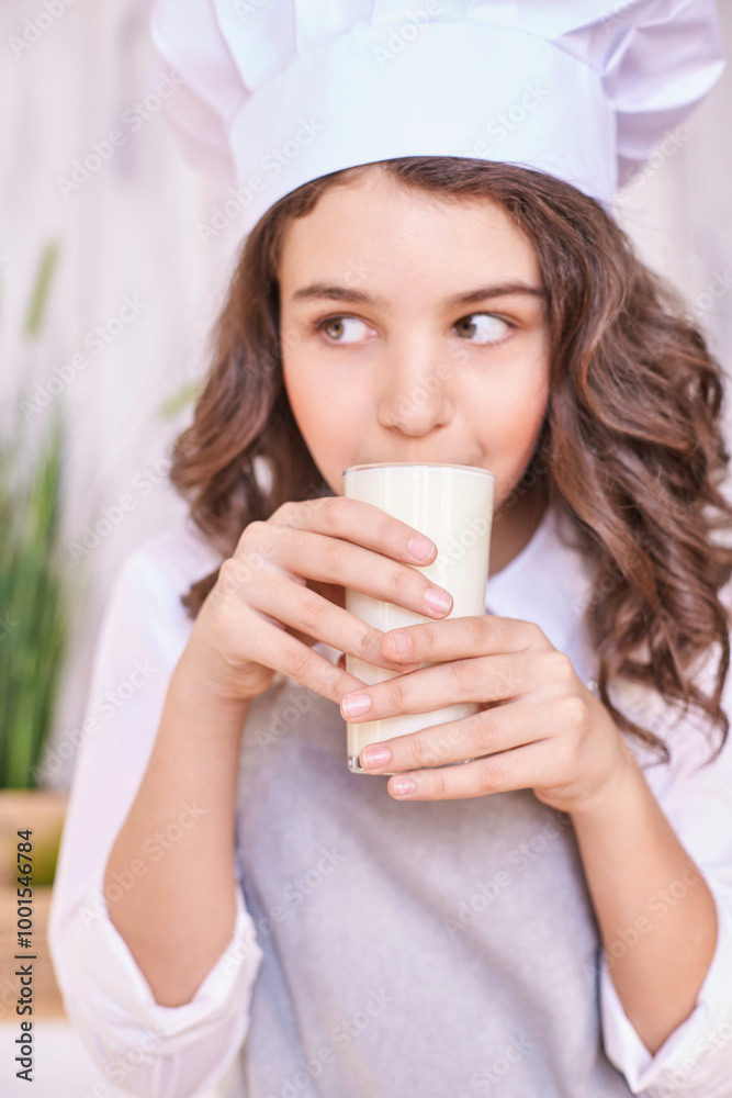 Young chef enjoying a refreshing glass of milk in bright kitchen setting with greenery. Pretty child portrait. Attractive brunette student. Children emotion. People baking Young chef enjoying a refreshing glass of milk in bright kitchen setting with greenery. Pretty child portrait. Attractive brunette student. Children emotion. People baking