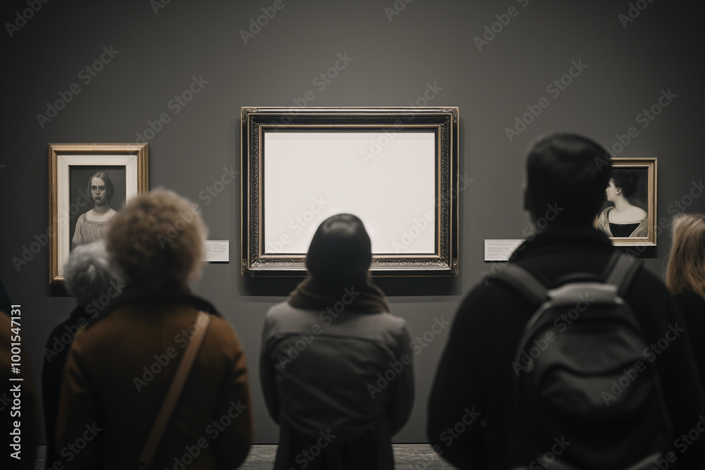 Gallery visitors admiring a classic painting in a museum exhibit showcasing artwork and portraits Gallery visitors admiring a classic painting in a museum exhibit showcasing artwork and portraits