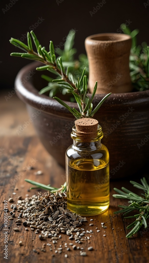 Close-up of rosemary essential oil and a mortar. Close-up of rosemary essential oil and a mortar.