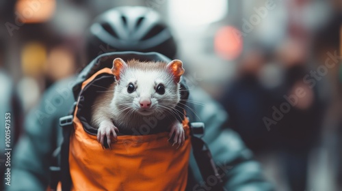 A curious ferret peeks from an orange backpack while a bicycle helmet-wearing individual navigates through a bustling city street, blending adventure and cuteness.