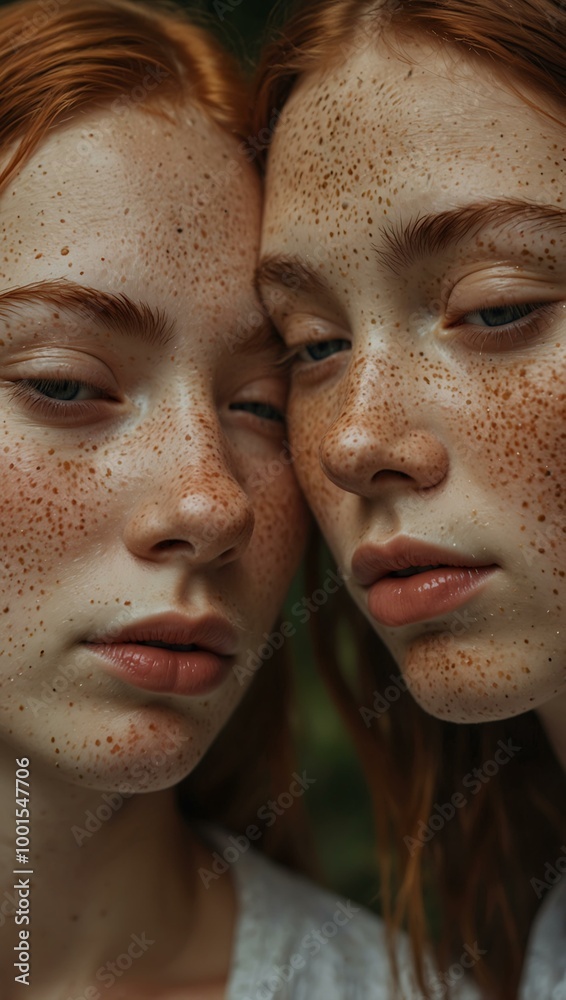 Close-up of two girls with closed eyes, showcasing their freckles in a serene setting. Close-up of two girls with closed eyes, showcasing their freckles in a serene setting.