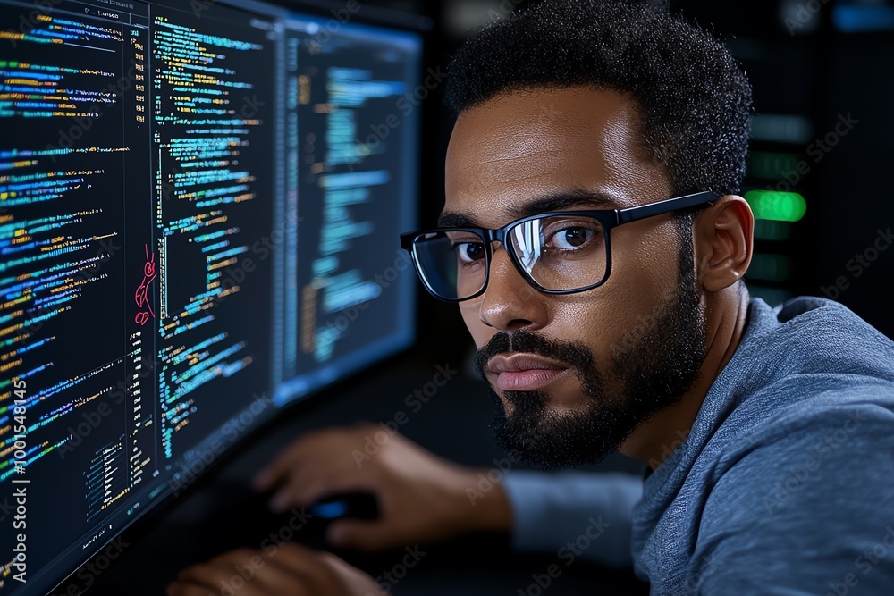 Programmer solving coding errors, staring intently at a screen with ...