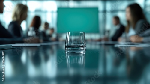 A clear glass sits on a polished table in a corporate setting with blurred individuals in the background, encapsulating themes of clarity and focus in business.