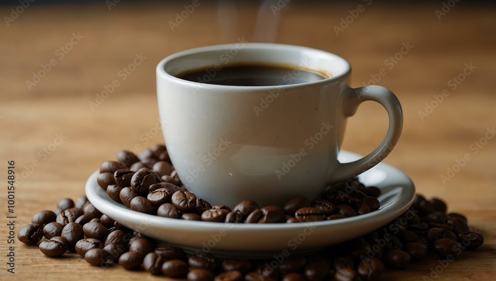 Coffee cup with beans beside it. Coffee cup with beans beside it.
