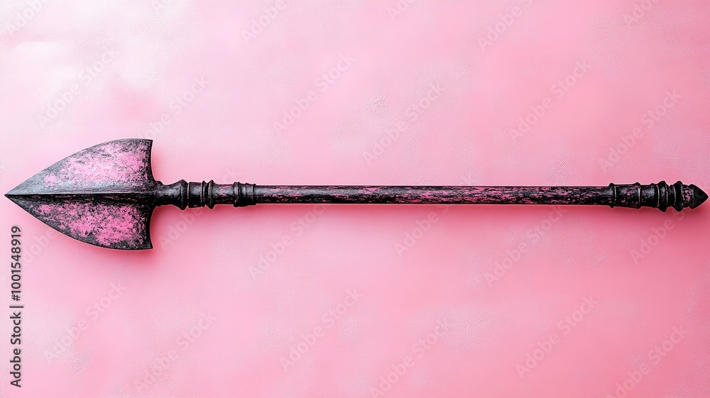 Medieval spear with a textured handle on a soft pink background Medieval spear with a textured handle on a soft pink background