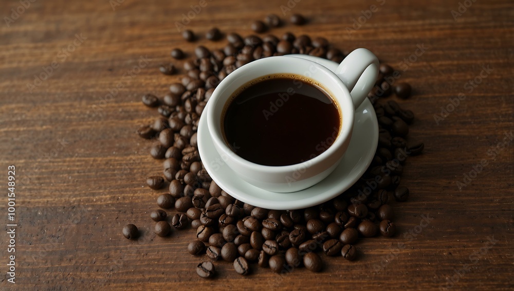 Coffee cup with beans beside it. Coffee cup with beans beside it.