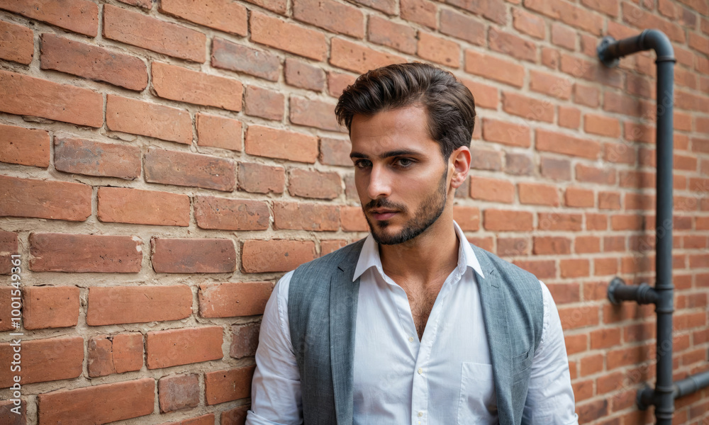 A man with a beard stands in front of a brick wall wearing a white shirt and a gray vest A man with a beard stands in front of a brick wall wearing a white shirt and a gray vest