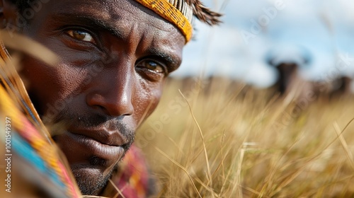 In this outdoor portrait, a man peers thoughtfully from the grass, wrapping himself in hues that blend seamlessly with the wild backdrop, exuding mystery and serenity. photo