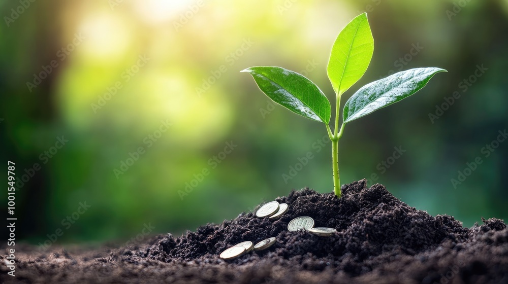 A plant with coins as its soil, showcasing the idea of nurturing savings and growth in a clean, modern setting A plant with coins as its soil, showcasing the idea of nurturing savings and growth in a clean, modern setting