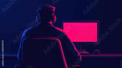 Programmer working in a dark mode environment, screens glowing, flat design illustration photo