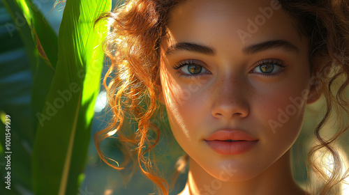 Fresh-faced young woman with curly hair pulled back, front-facing portrait in a serene outdoor setting, soft natural light creating an even, shadow-free effect