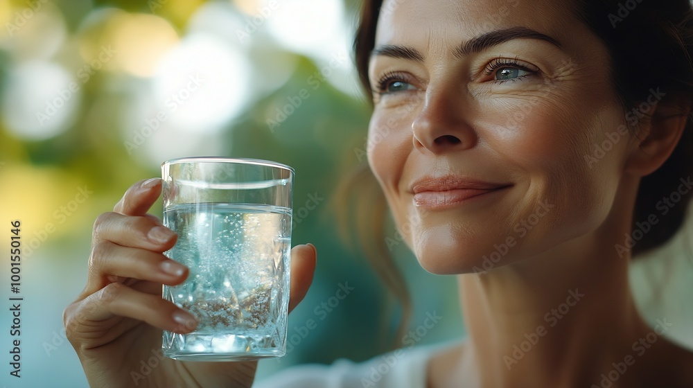 Beautiful middleaged woman hold glass of clear water smile look into