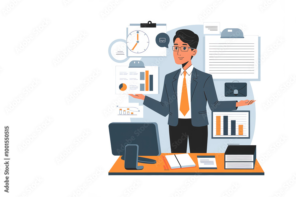 Businessman presenting analytics data using computer and many charts standing behind office desk Businessman presenting analytics data using computer and many charts standing behind office desk