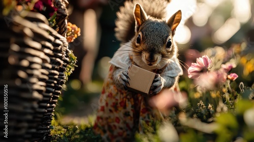 A cute squirrel wearing a floral dress holds a small gift in a vibrant garden, surrounded by colorful flowers and basking in warm, glowing sunlight. photo