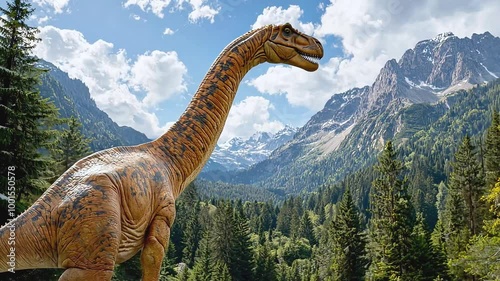 A dinosaur stands on a mountain peak, overlooking a valley filled with lush forest and snow-capped mountains in the distance.