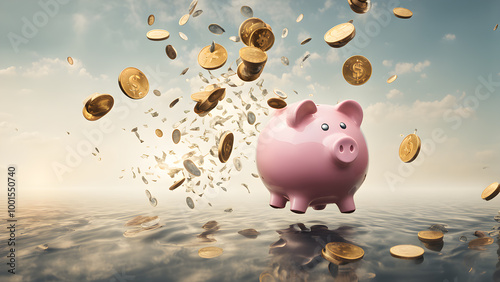 saving money by adding coin in pig shaped bank after retirement and record keeping of income, expenditure, savings and financial concepts. Generative Ai.