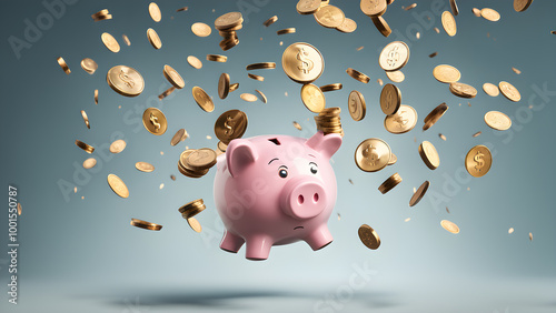 saving money by adding coin in pig shaped bank after retirement and record keeping of income, expenditure, savings and financial concepts. Generative Ai.