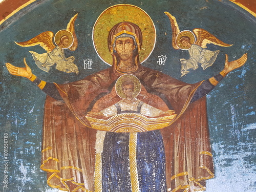 Canvas Print Medieval fresco  from Mother Mary on Orthodox monastery wall