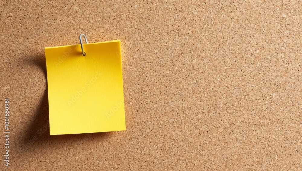 Photo of an empty yellow sticky note attached to the left side of a light brown wooden corkboard Photo of an empty yellow sticky note attached to the left side of a light brown wooden corkboard