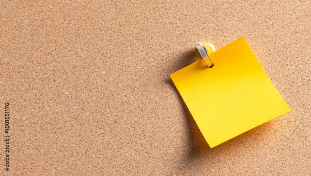 Photo of an empty yellow sticky note attached to the left side of a light brown wooden corkboard Photo of an empty yellow sticky note attached to the left side of a light brown wooden corkboard