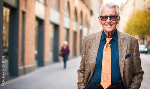 An older man smiles while walking down a city street