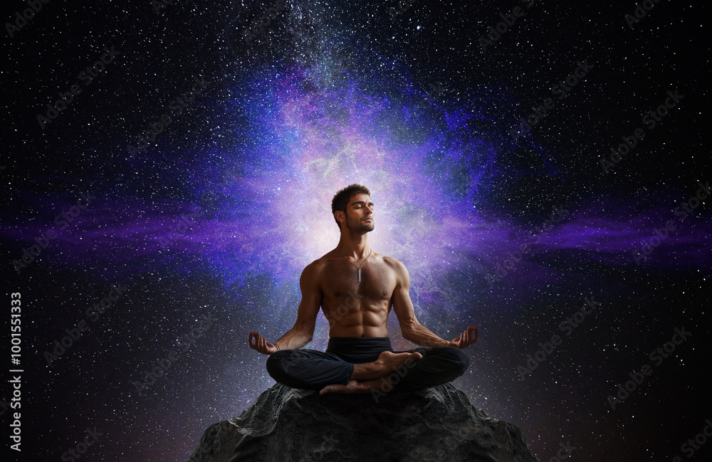 Man in yoga pose meditation in the nature cosmos Man in yoga pose meditation in the nature cosmos