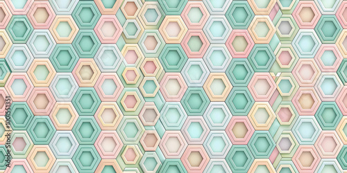 Pastel Hexagon Pattern: A seamless pattern of pastel-colored hexagons arranged in a staggered pattern, creating a subtle depth and texture.