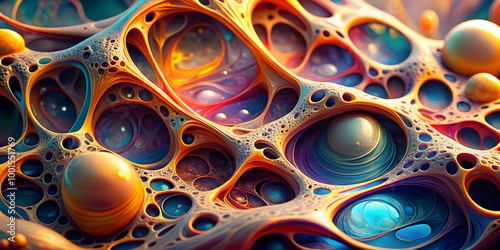 Wallpaper Mural Abstract Fluid Forms: A mesmerizing digital artwork showcasing vibrant, interconnected organic shapes and textures.  The interplay of warm oranges, cool blues. Torontodigital.ca