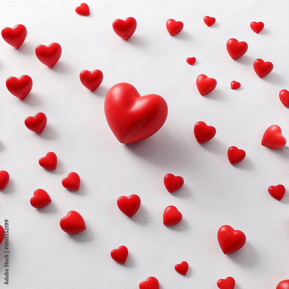 Playful arrangement of red hearts on a white background, expressing love and affection Playful arrangement of red hearts on a white background, expressing love and affection