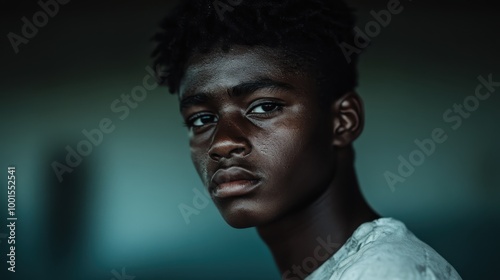 A close up portrait of a teenager with a moody, thoughtful expression, set against a blurred indoor background, conveying introspection and maturity.