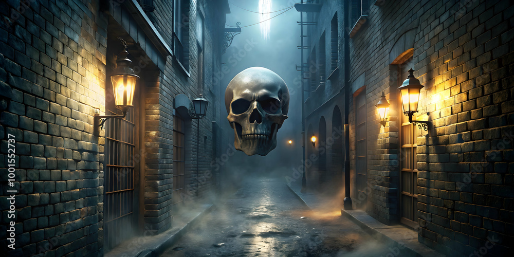 Fototapeta premium Ghostly Alleyway: A chilling scene of a human skull floating in a misty alleyway illuminated by flickering gaslights. The eerie atmosphere and haunting imagery creates a sense of mystery and unease. 