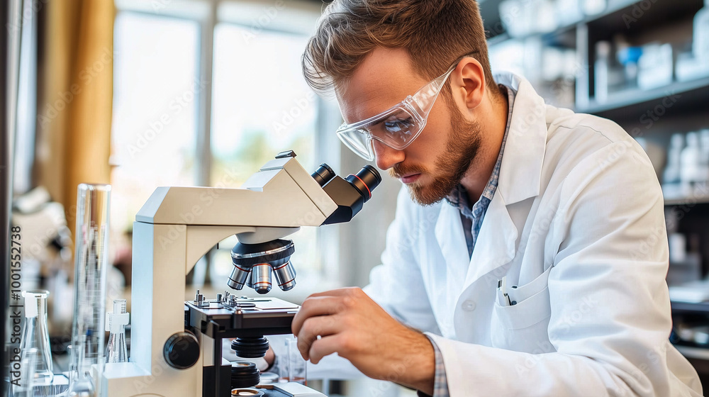 A focused scientist examines a slide through a microscope in a lab setting.