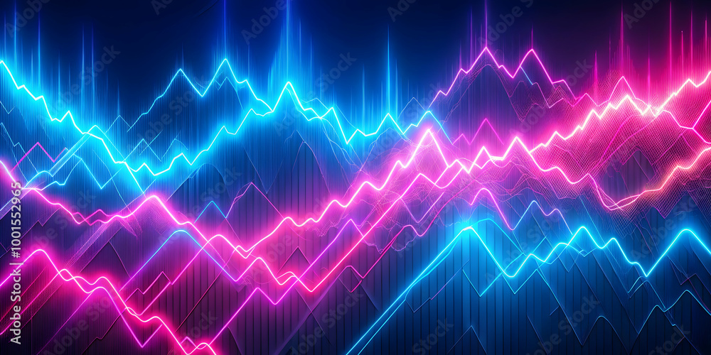 Neon Stock Market Graph: Abstract dynamic chart with vibrant pink and blue neon lines against a dark background, visualizing financial growth, volatility, and market trends.  