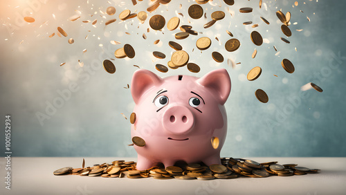 saving money by adding coin in pig shaped bank after retirement and record keeping of income, expenditure, savings and financial concepts. Generative Ai.