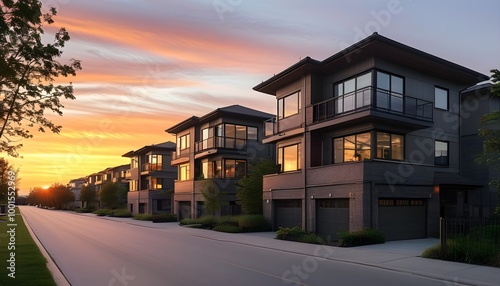 Tranquil Sunset Over Peaceful Suburban Duplex on Calm Street