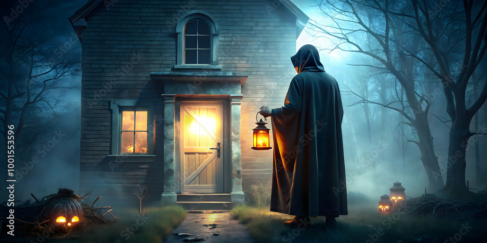 Mysterious Figure at Night: A hooded figure with a lantern approaches a dimly lit house in a spooky forest at night. The scene is shrouded in mist and mystery. Mysterious Figure at Night: A hooded figure with a lantern approaches a dimly lit house in a spooky forest at night. The scene is shrouded in mist and mystery.