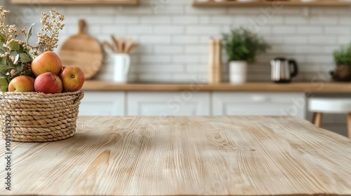 A basket of apples sits on a wooden table in a kitchen. The apples are red and green, and the basket is woven. The table is empty, and the kitchen is clean and organized
