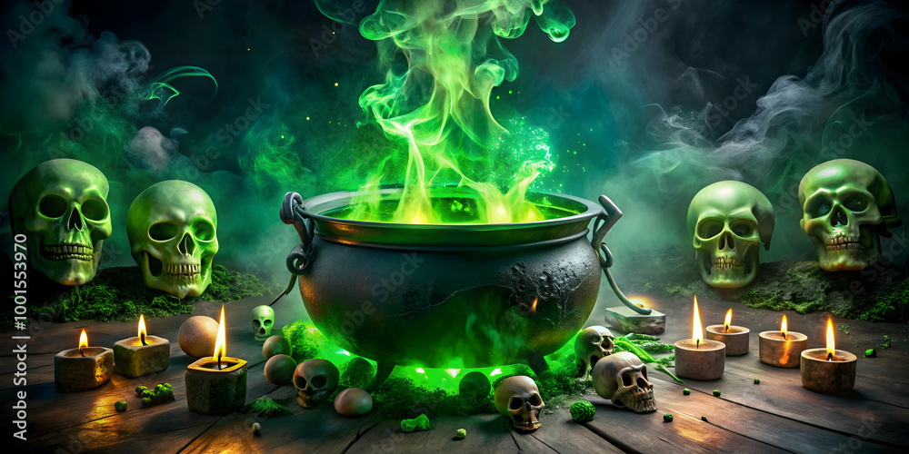 The Witch's Brew: A cauldron of mystery, bubbling with green magic and surrounded by skulls and candles. This eerie Halloween scene is sure to set a spooky mood. The Witch's Brew: A cauldron of mystery, bubbling with green magic and surrounded by skulls and candles. This eerie Halloween scene is sure to set a spooky mood.