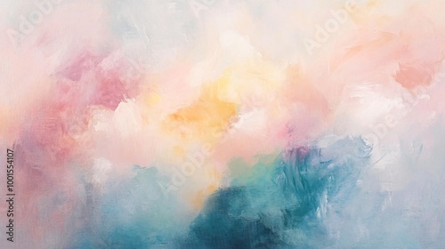 Abstract painting in pink, yellow, and blue hues with visible brushstrokes.