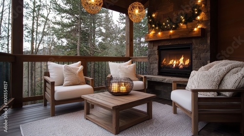 A cozy outdoor living space with a fireplace and a Christmas tree. The chairs are arranged around a coffee table and a rug
