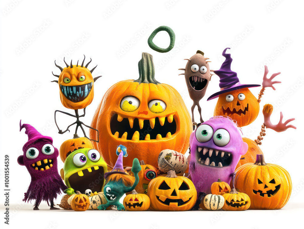 A colorful group of cartoonish monster characters and pumpkins, featuring playful Halloween motifs and whimsical designs. A colorful group of cartoonish monster characters and pumpkins, featuring playful Halloween motifs and whimsical designs.