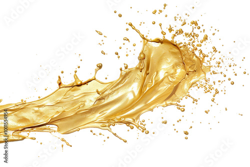 Elegant gold paint splash forming abstract shapes isolated on transparent background