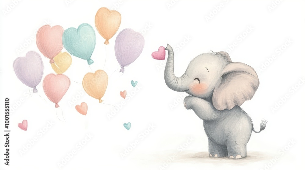 A baby elephant playfully blows hearts from its trunk while pastel balloons float around it A baby elephant playfully blows hearts from its trunk while pastel balloons float around it