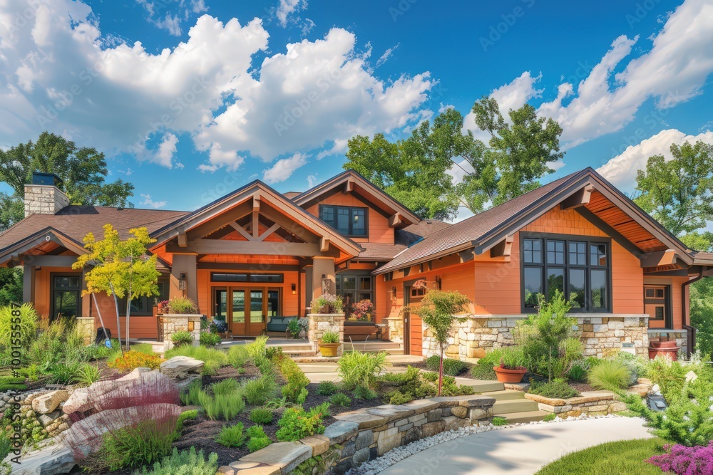 Bright apricot Craftsman-style home with wide eaves, stone details, and vibrant landscaping.