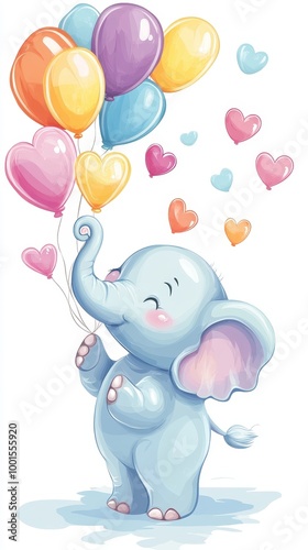 A cute baby elephant blows colorful hearts while surrounded by pastel balloons