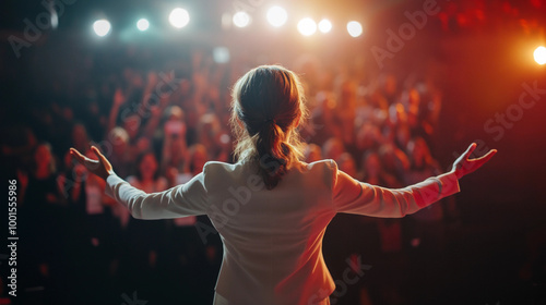A female public speaker holds at her hands, speaking motivating to a large crowd at a convention politician