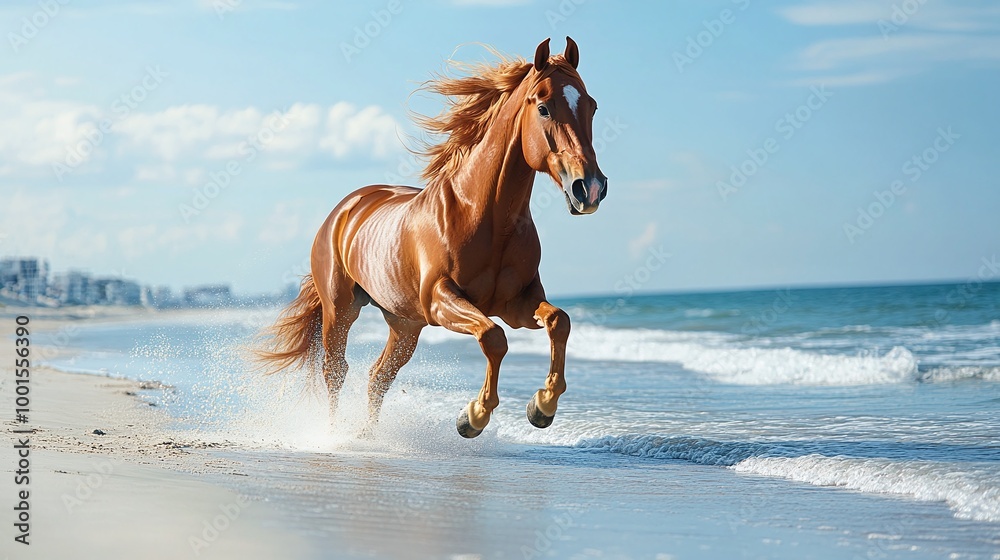 a horse running on the beach with the ocean waves in the background, galloping freely across the sand, wild and free, sunset illuminating the horizon, coastline and beach scenery in motion a horse running on the beach with the ocean waves in the background, galloping freely across the sand, wild and free, sunset illuminating the horizon, coastline and beach scenery in motion