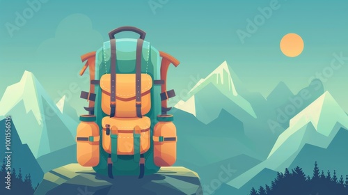 Time to hike banners, hiking camping adventure concept with backpack, stuff and equipment. Travel trip, outdoors expedition journey, tourism recreation, cartoon modern illustration.